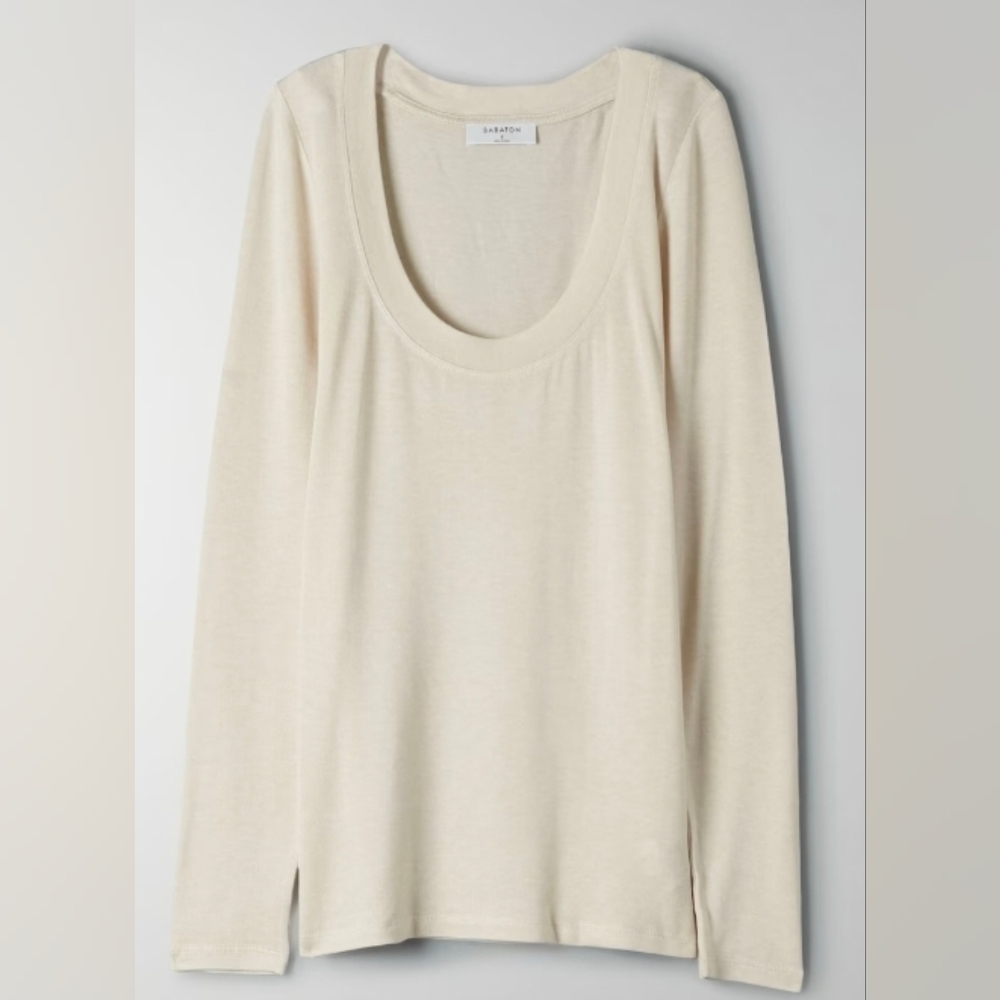 Babaton Wool Blend Lyocell Cream Scoop Neck Long Sleeve Top sweater